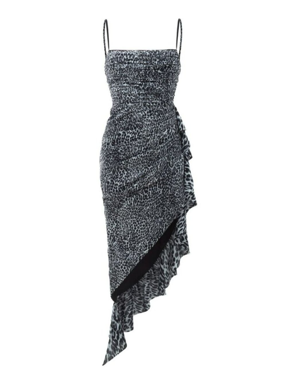 Rasario Black Gray Leopard Print Ruched Ruffle Midi Dress Asymmetric Sexy